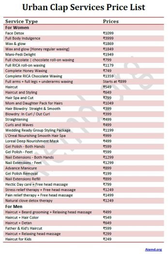 Urban Clap Services Price List
