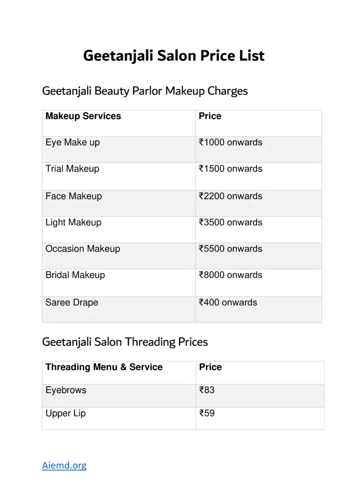 Geetanjali Salon Price List PDF